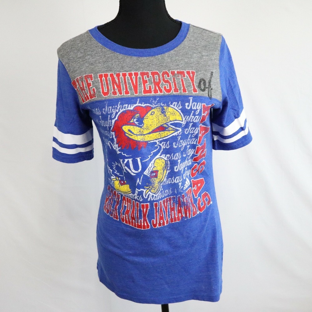 Kansas Jayhawks T-Shirt Top Womens Medium Adidas Crew Neck Tee Blue Short Sleeve